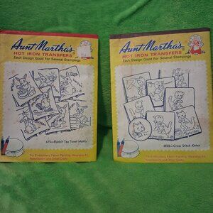 Rabbit Tea Towel & Kitten Motifs Aunt Martha's #675 & 3502 Hot Iron Transfers
